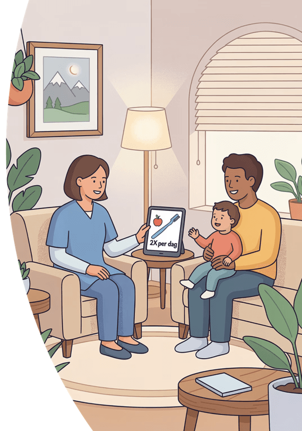 Een mondzorgcoach adviseert een gezin thuis via een tablet